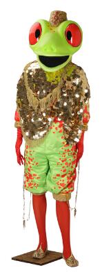 'Frø' (frog) -- Costume from the Danish TV show 'Hvem holder masken' (can you keep a straight face; 2021–2022). Made of artificial materials, etc. H. 200 cm.