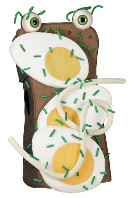 'Æggemad' (open egg sandwich) -- Costume from the Danish TV show 'Hvem holder masken' (can you keep a straight face; 2021–2022). Made of artificial materials, etc. H. 200 cm.