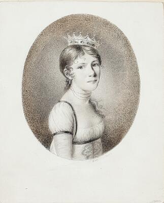 Portrait of the balletdancer, Anne Margrethe Schall (1775–1852). Signed Horneman. Watercolour and gouache. Sheet size 10×8.5 cm.