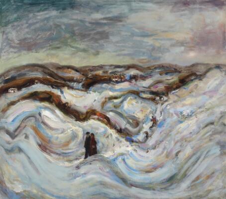 Hilly landscape with a walking couple. Unsigned. Oil on canvas. 76×86 cm.