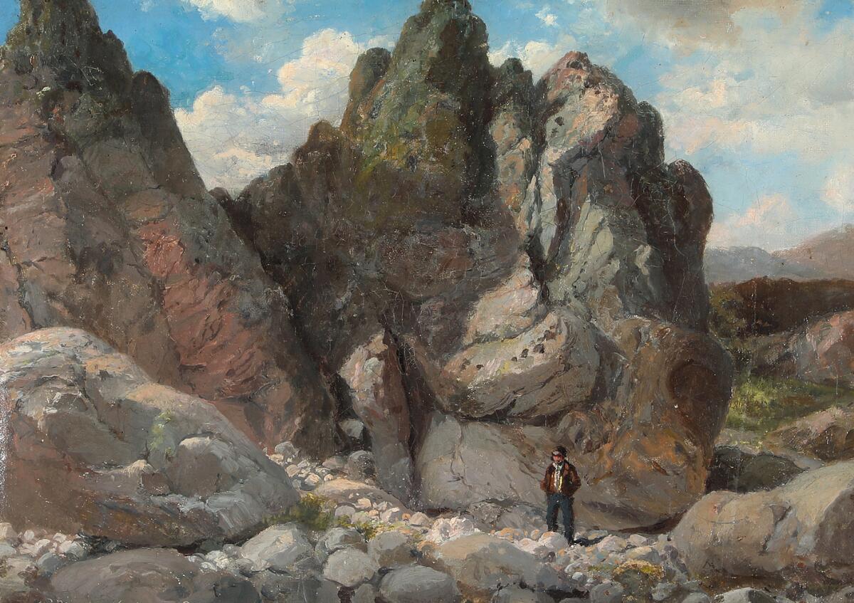 Vilhelm Melbye: Rocky landscape from Kullen. Signed W. Melby, Kullen 1856. Oil on canvas. 30×41.5 cm. — Paintings — Bruun Rasmussen