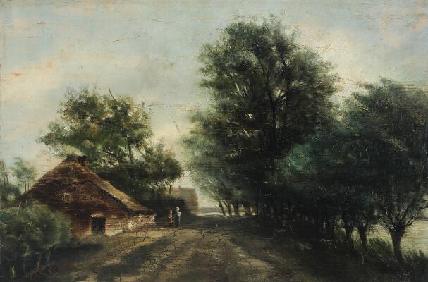 Landscape with house and two figures. Indistinctly signed. Oil on panel. 31×43.5 cm.
