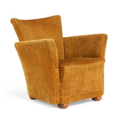 Small armchair with birch legs. Upholstered with golden corduroy. Made 1930s–1940s.