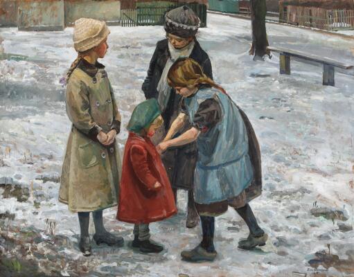 A Street scene with children in the snow. Signed Eiler Sørensen, 1915. Oil on canvas. 87×115 cm.
