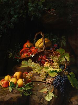 Nature morte with fruit in a wowen basket. Signed and dated William Hammer Roma 1855. Oil on canvas. 100×74 cm.