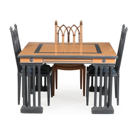 A 20th century partially painted Gothic style dining table and three chairs. H. 76. B. 124. L. 124 cm. (4)