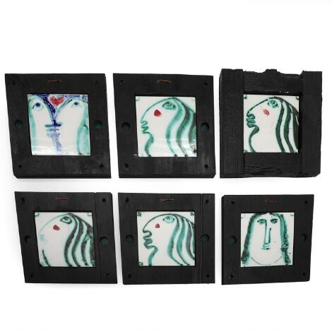 Niels Helledie: "Eva" a.o. Six glazed ceramic tiles, mounted in black-painted frames. Unsigned. Each 15 x 15 cm. (6)