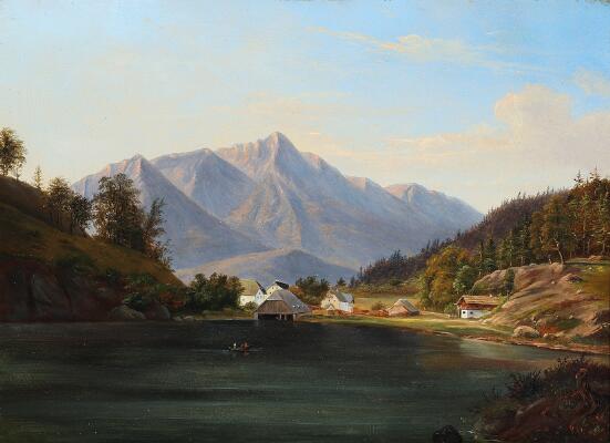 A scene from Bavaria with Sieglberg on the horizon. Unsigned. Oil on cardboard. 27×37 cm.