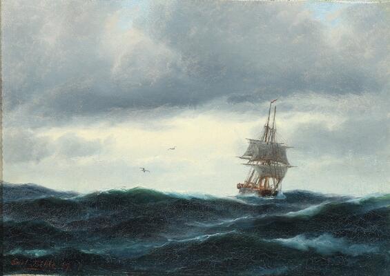 Sailing ship on a turbulent sea. Signed Carl Bille 89. Oil on canvas. 22×30 cm.