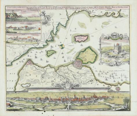 “Stadt Copenhagen”. Map of Copenhagen and Øresund. C. 1720. Hand coloured engraving. Sheet size 54×64 cm.