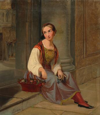 An Italian woman seated in a church with a flower basket. Signed by Nic. Andersen. Oil on canvas. 49×43 cm.