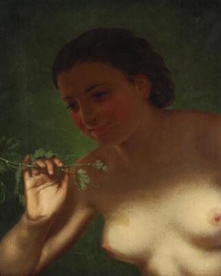 A female model studying a branch. Signed H. Olrik 1864. Oil on canvas. 51×41 cm.