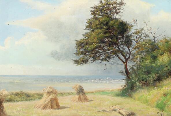 Haystack along a beach. Signed E. M. 00. Oil on canvas. 32×46.5 cm.