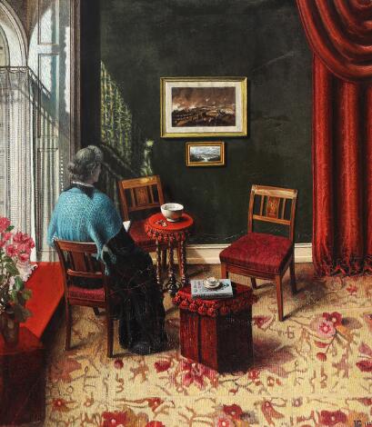 Artist unknown, 19th century: Interior from a living room. Signed. Oil on canvas. 76 x 66 cm.