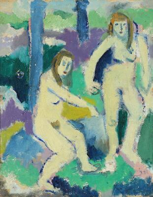 Two women in a forest. Indistinctly signed. Oil on paper mounted on panel. 46×37 cm.