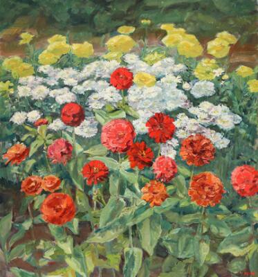 Scenery with flowers. Signed Hj W. Oil on canvas. 81×75 cm.