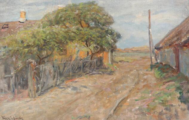 “Gamle huse, Kandestederne” (Old Houses, Kandestederne, Skagen). Signed Viggo Johansen. Oil on canvas. 44×69 cm.