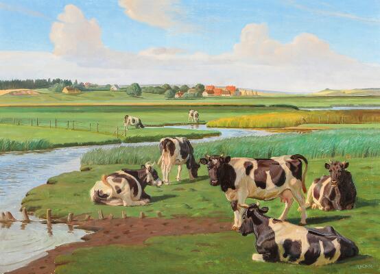 Summer landscape with cattles in a meadow. Presumably near Hjarbæk. Signed RxCHR. Oil on canvas. 51×70 cm.