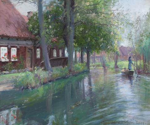Canal scene with a woman in a boat. Signed and dated Peder Knudsen, 1930. Oil on canvas. 42.5 × 50 cm.