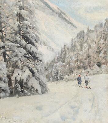 Peder Mønsted (b. Grenaa 1859, d. Fredensborg 1941), Winter landscape with two cross-country skiers at Morteratsch. Signed and dated P Mønsted, Morteratsch 1920. Oil on canvas. 45×40.5 cm.