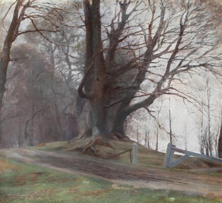 Scenery with a forest path and trees. Signed and dated gv, 1911. Oil on canvas. 42×46 cm.