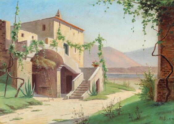 Italian villa on a riverbank. Signed and dated HS. 94. Oil on canvas. 34.5×47.5 cm.