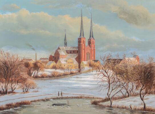 View from Roskilde Cathedral. Winter. Unsigned. Oil on canvas. 32×43 cm.