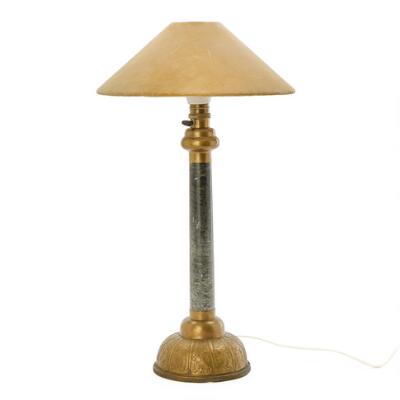 Swedish grace table lamp in patinated brass with “Kålmårds”-marble stem. Base decorated with star signs. Conical shade with light plush. H. 60.