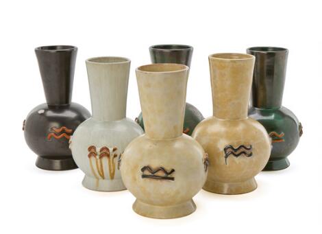 Einar Luterkort: Six Swedish Grace ceramic vases with relief decor. Made by Upsala Ekeby, Sweden. (6)