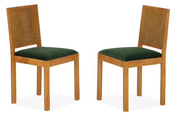 A pair of chairs with birch frames, seat upholstered in green plush. Made in the 1930s. (2)