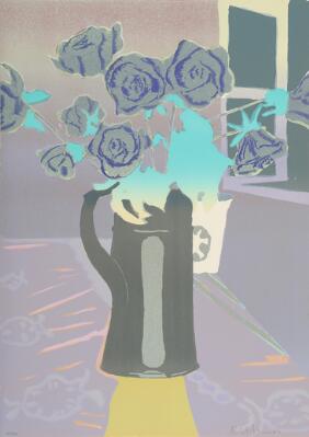 Still life with flower. Signed Erik A. Frandsen 05, 130/140. Lithograph in colours. Sheet size 77×55 cm. Unframed.
