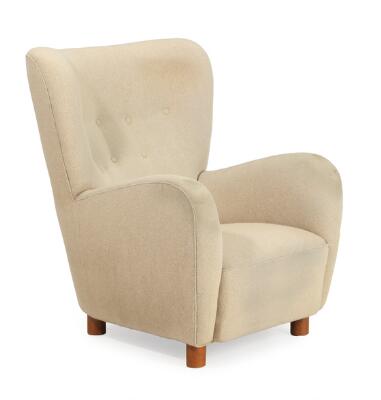 Easy chair with beech legs, upholstered with beige wool. 1930–40s.