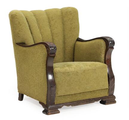 Armchair with stained beech legs and armrests, upholstered with olive green fabric. 1940s
