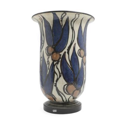 Earthenware floot vase, decorated with cream, blue, black and brown glaze. Signed HAK. Manufactured by Kähler. H. 44 cm.