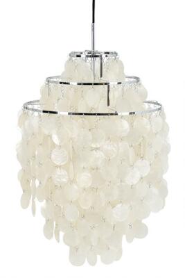 “Fun”. Pendant with chromed metal frame. Mother of pearl shell shades. Manufactured by Verpan. Diam. 40 cm.