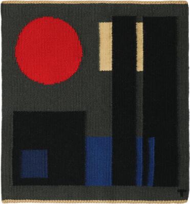 Small wool tapestry. Geometric pattern in shades of black, blue, red and grey. Woven signature. L. 50 cm. W. 46 cm.