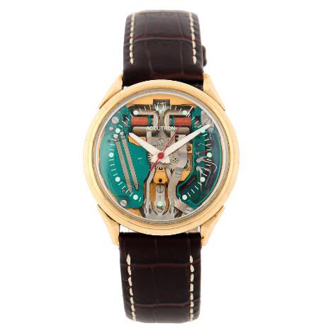 Bulova: Accutron "Spaceview" of gold-plated steel, ref. M7. Electronic tuning fork movement. 1967.
