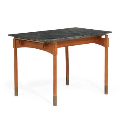 Coffee table with cherry wood frame. Brass “shoes” and details. Top in green marble. H. 58.5 cm. L. 86 cm. W. 56 cm.