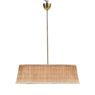 Pendant with stem of patinated brass. Two lights. Shade of fabric and wood. Made 1940s. H. 91 cm. W. 72 cm. D. 25 cm.