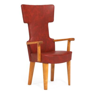 High-backed armchair with birch frame. Seat and back upholstered in red Skai. Made circa 1940s.