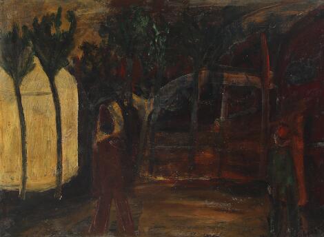 Unknown painter, 20th century: Park scenery with two figures. Indistinctly signed. Oil on cardboard. 29.5 x 39.5 cm.