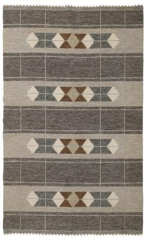 Swedish design: Handwoven wool carpet in "rölakan" flatweave technique. Geometric pattern in shades of brown and grey. L. 238 cm. W. 158 cm.