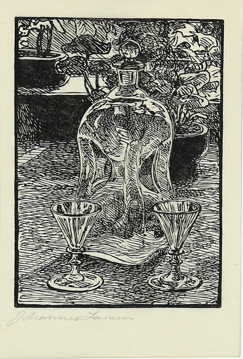 Johannes Larsen: Still life with a carafe and two glasses. Signed Johannes Larsen. Woodcut on Japan paper. Visible size 16×10.5 cm. — Prints & Drawings — Bruun Rasmussen
