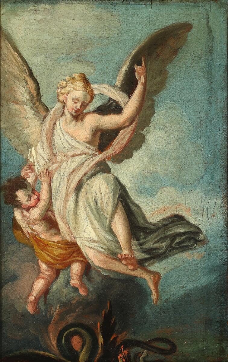 Unknown painter, 18.-19th century: An angel rescuing a child from the flames. Unsigned. Oil on canvas mounted on canvas. 27×19 cm. — Paintings — Bruun Rasmussen