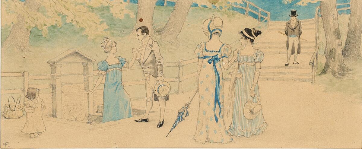 Paul Fischer: People strolling by a spring. Signed with monogram. Watercolour and pencil on paper. Visible size 11×26 cm. — Prints & Drawings — Bruun Rasmussen
