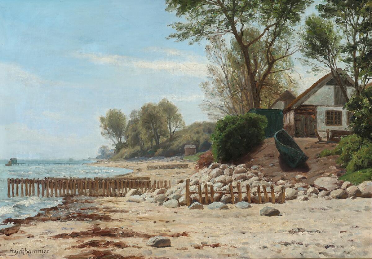 Axel Birkhammer: A view along a coast on Zealand. Signed A. Birkhammer. Oil on canvas. 47×68.5 cm. — Paintings — Bruun Rasmussen