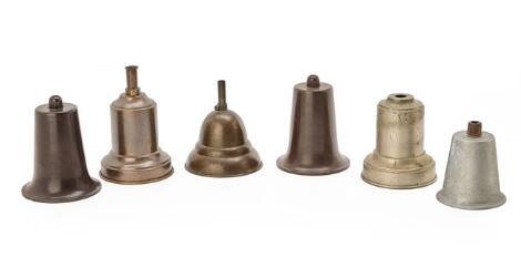 Poul Henningsen, and others: Canopies of browned brass, nickel plated brass, zinc and bakelite. (6)