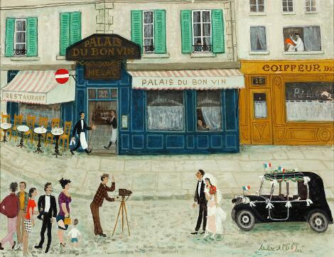 Max Müller: A bride and groom are being photographed. Signed Max Müller. Oil on board. 51 × 65 cm.