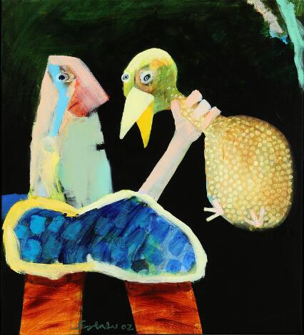 John Olsen (b. Roskilde 1938, d. Herringe 2019), Leif Sylvester: "Fugledressur". Signed Sylvester 02. Oil on canvas. 90 x 80 cm.