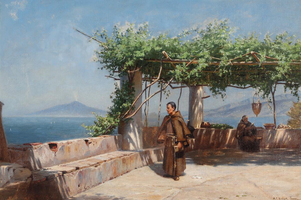 N. F. Schiøttz-Jensen: Scenery with two monks at a loggia. Signed N. F. Schiøttz-Jensen. Oil on canvas. 40×59 cm. — Paintings — Bruun Rasmussen